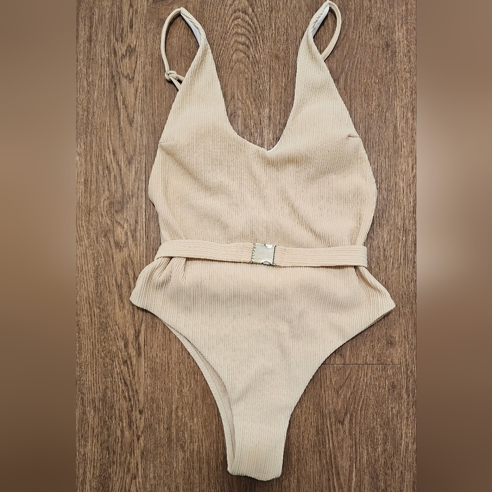 Cream Deep-V One-Piece Swimsuit - Size M - Excellent Condition.